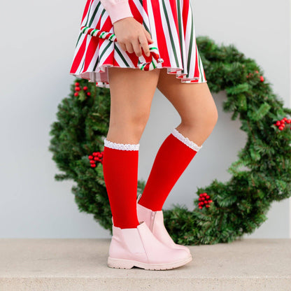 Santa Baby Lace Top Knee High Socks - Red/white