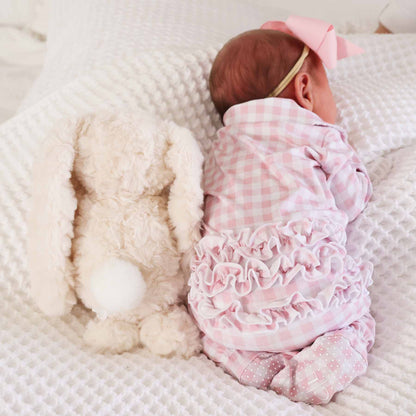 Peter Pan Collar Ruffle Zipper Footie: Rosy Gingham