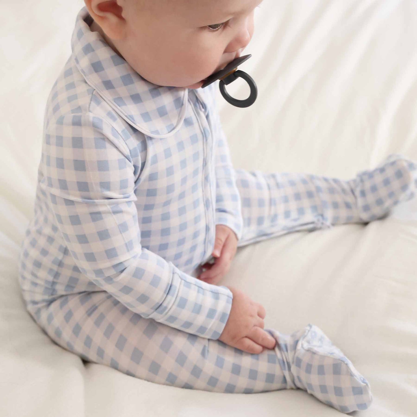 Pan Collar Zipper Footie: Dusty Blue Gingham