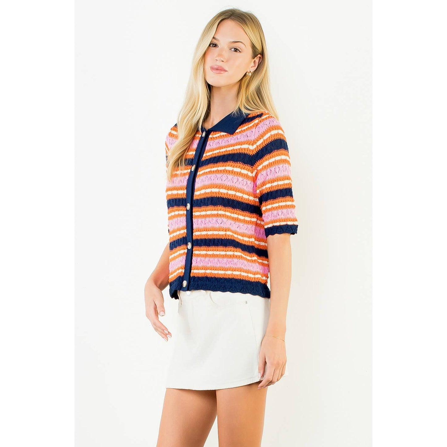 Short Sleeve Striped Knit Cardigan