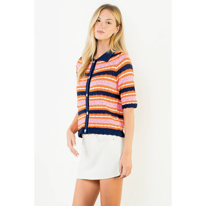 Short Sleeve Striped Knit Cardigan