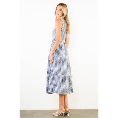 Sleeveless Navy Gingham Patterned Dress