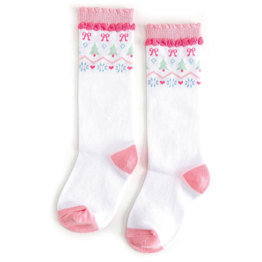 White Fair Isle Knee High Socks - Pastel Christmas