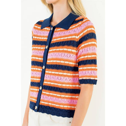Short Sleeve Striped Knit Cardigan