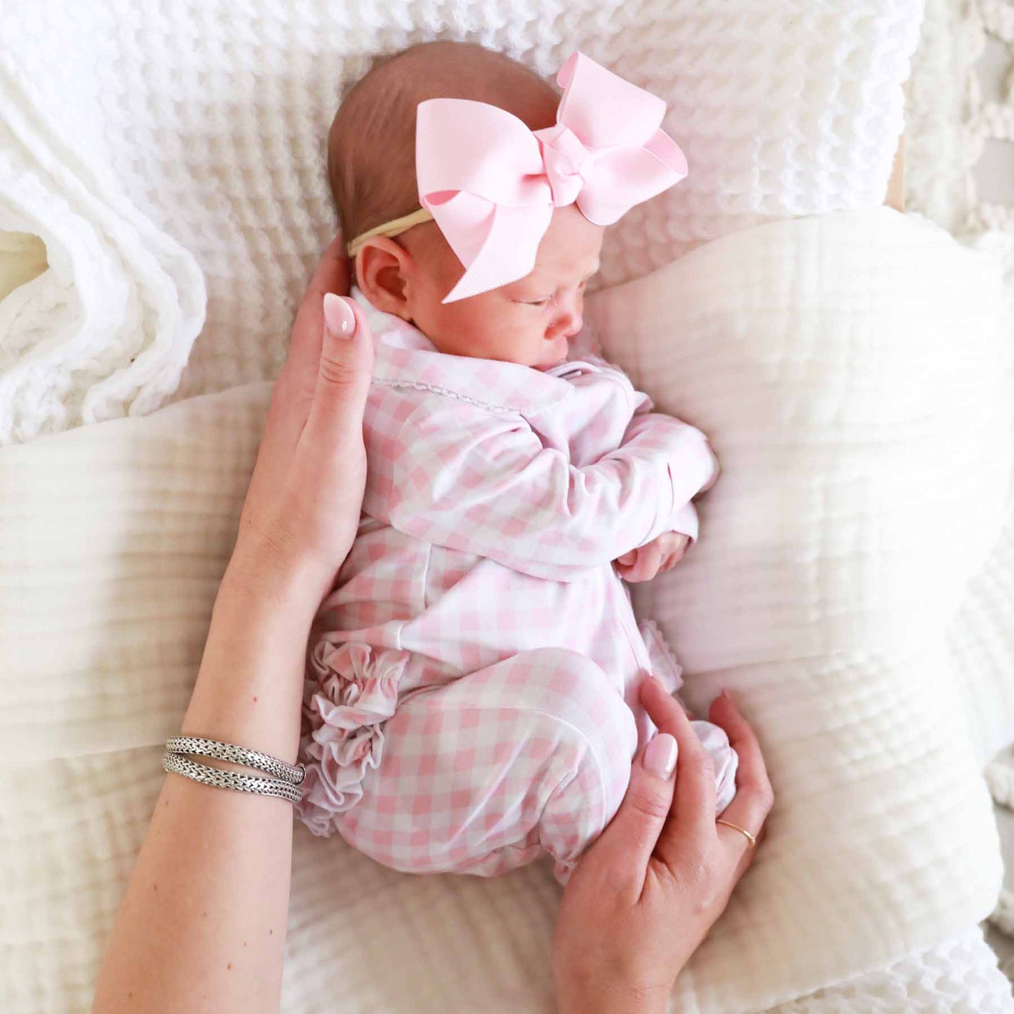 Peter Pan Collar Ruffle Zipper Footie: Rosy Gingham