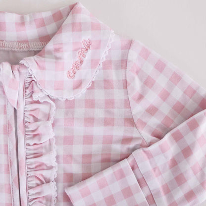 Peter Pan Collar Ruffle Zipper Footie: Rosy Gingham