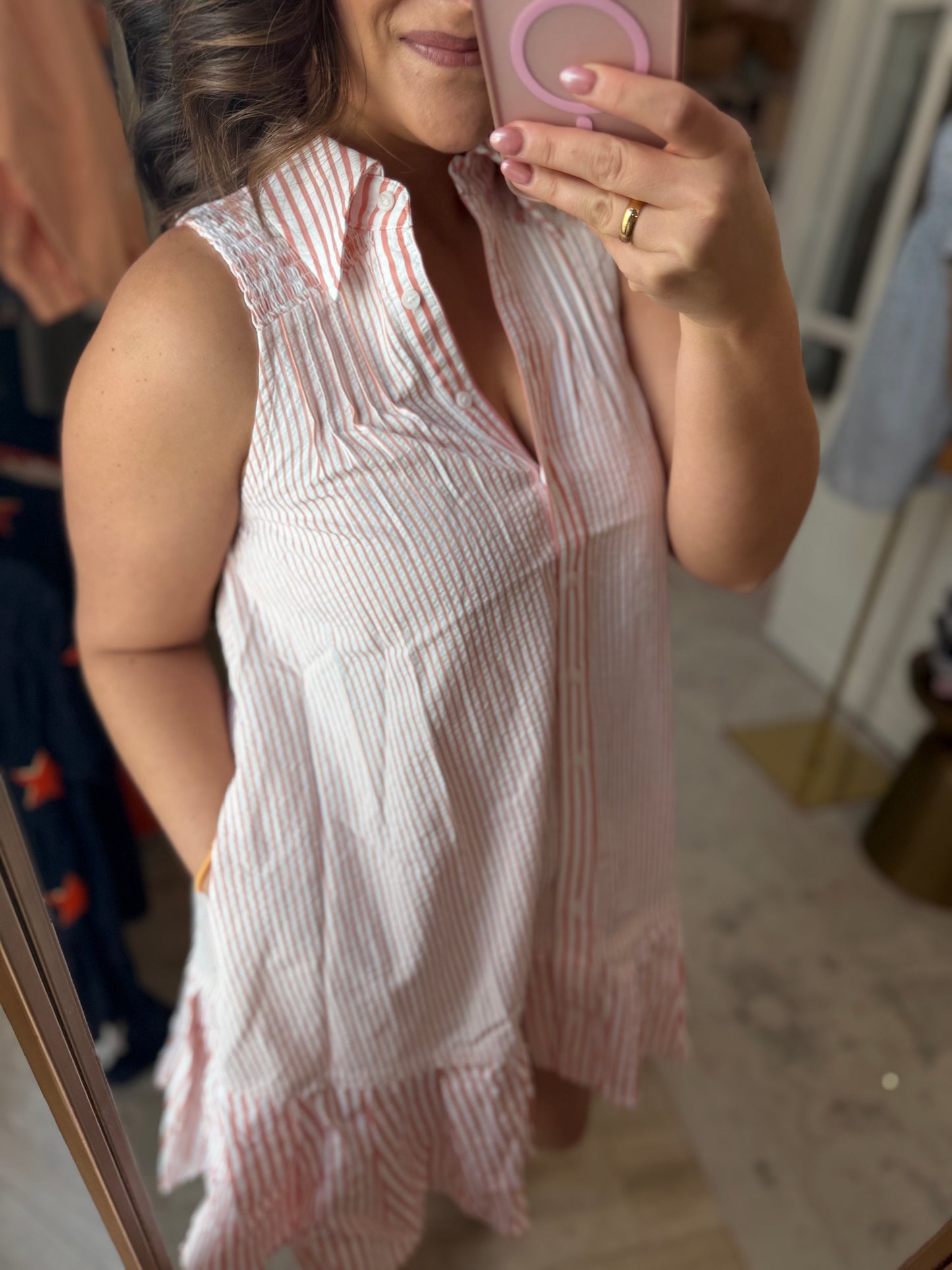 Sleeveless Shirt Dress - Peach stripe