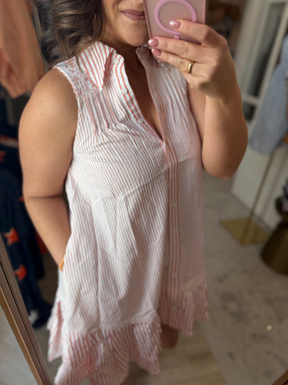 Sleeveless Shirt Dress - Peach stripe