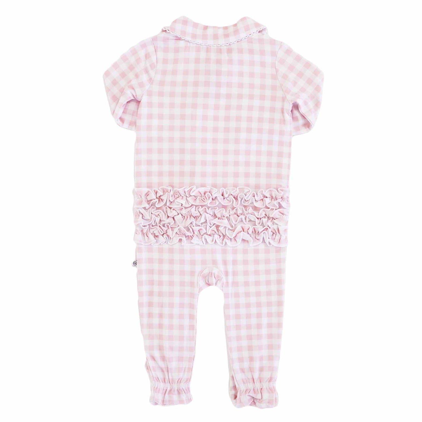 Peter Pan Collar Ruffle Zipper Footie: Rosy Gingham