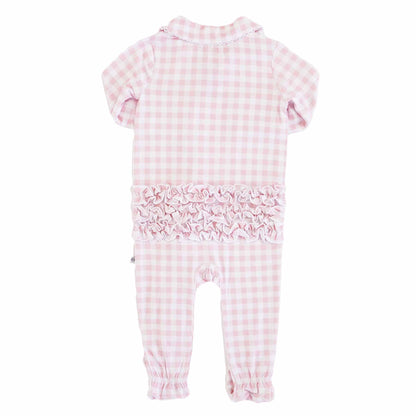 Peter Pan Collar Ruffle Zipper Footie: Rosy Gingham