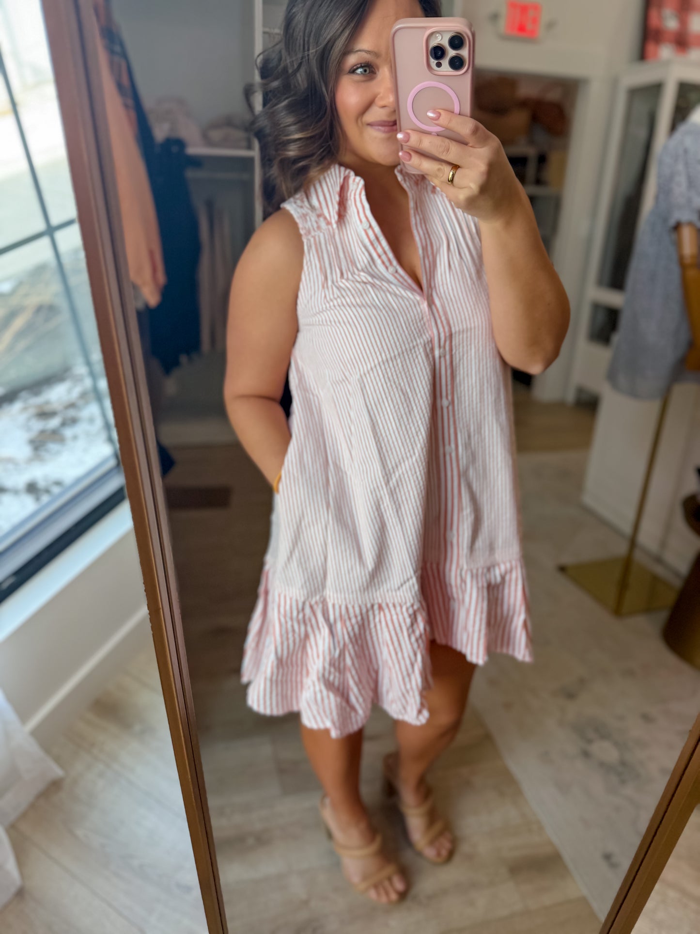 Sleeveless Shirt Dress - Peach stripe