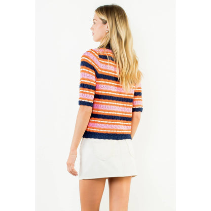 Short Sleeve Striped Knit Cardigan