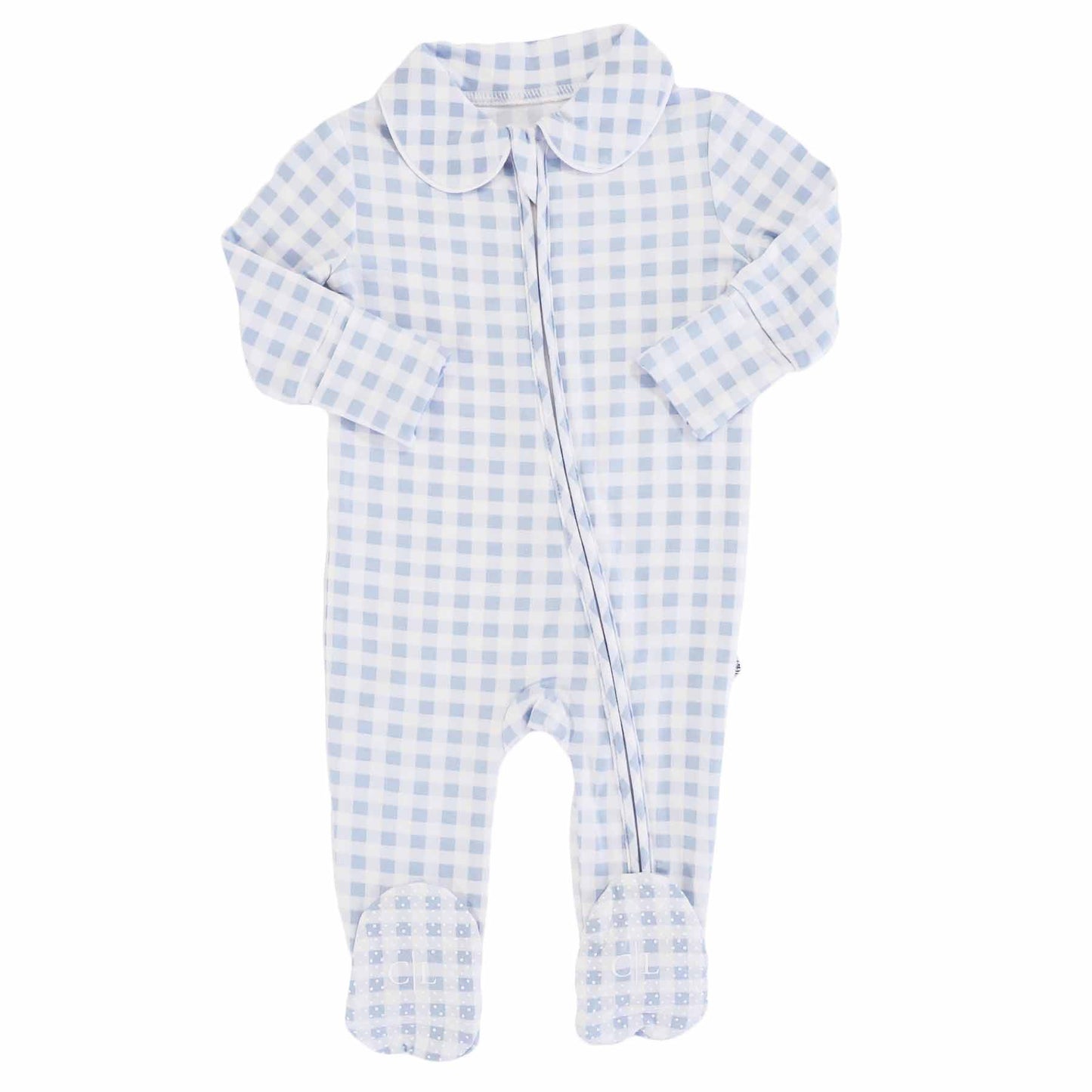 Pan Collar Zipper Footie: Dusty Blue Gingham