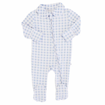 Pan Collar Zipper Footie: Dusty Blue Gingham