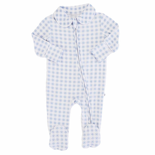 Pan Collar Zipper Footie: Dusty Blue Gingham