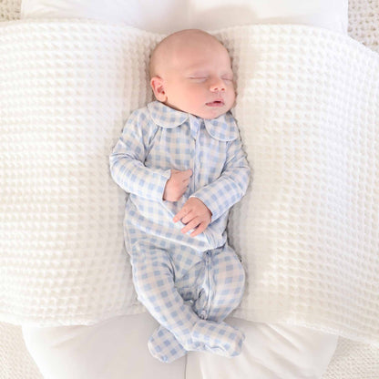 Pan Collar Zipper Footie: Dusty Blue Gingham
