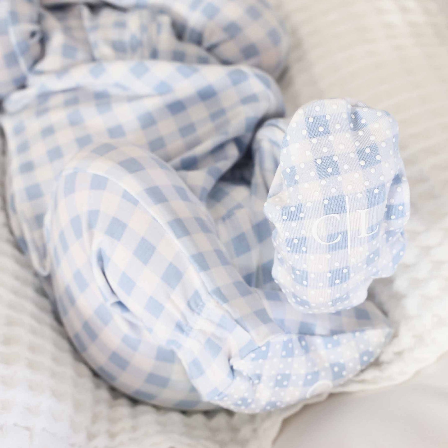 Pan Collar Zipper Footie: Dusty Blue Gingham