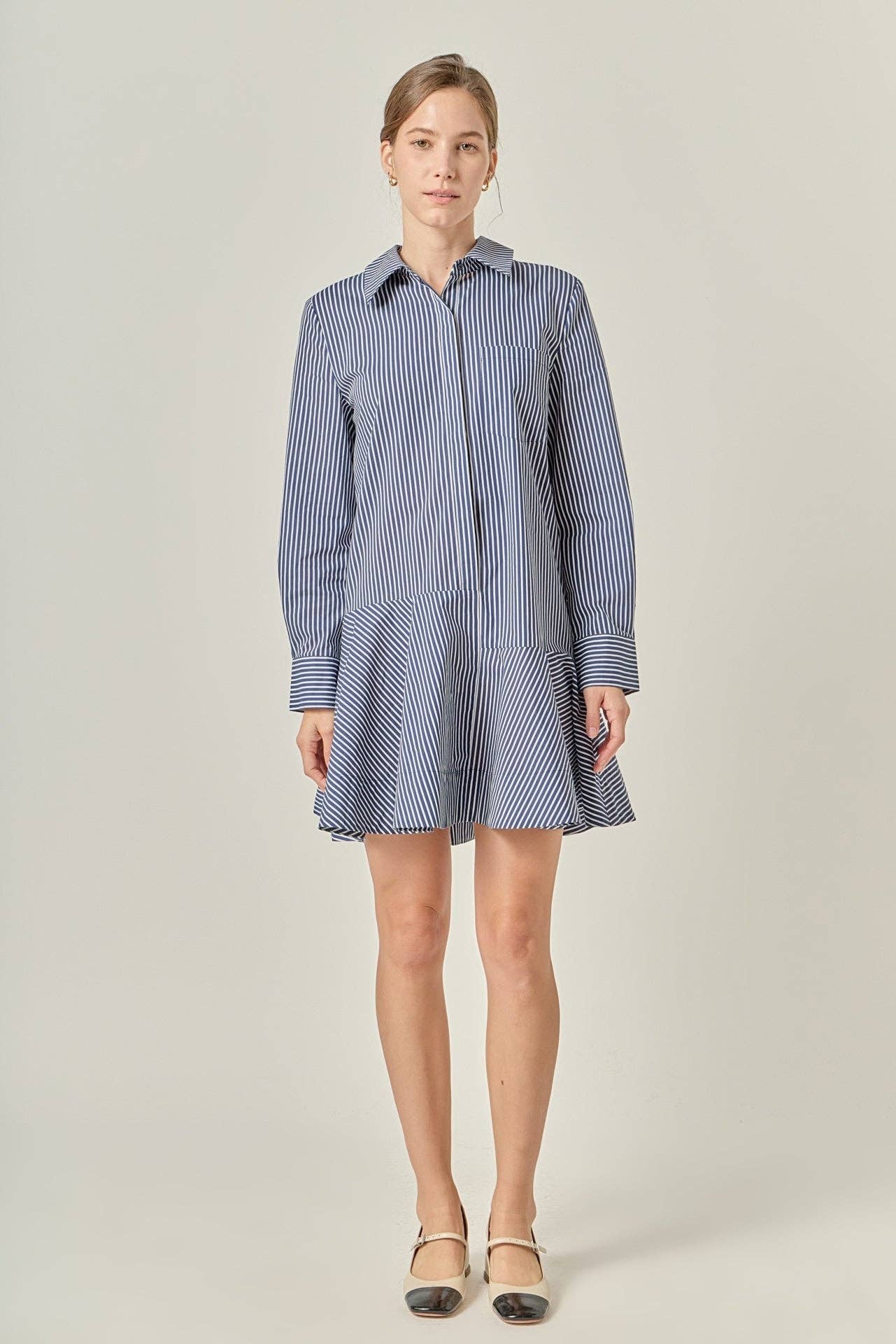 Stripe Collar Flared Skirt Dress- Navy
