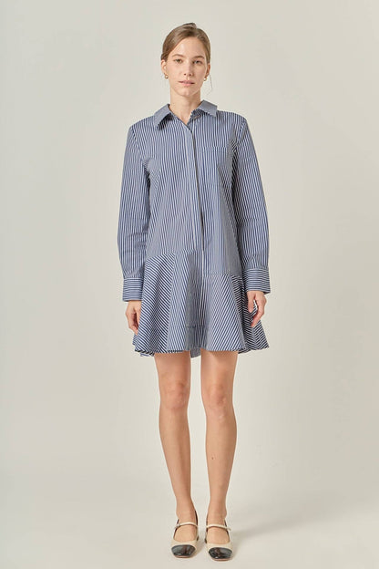 Stripe Collar Flared Skirt Dress- Navy
