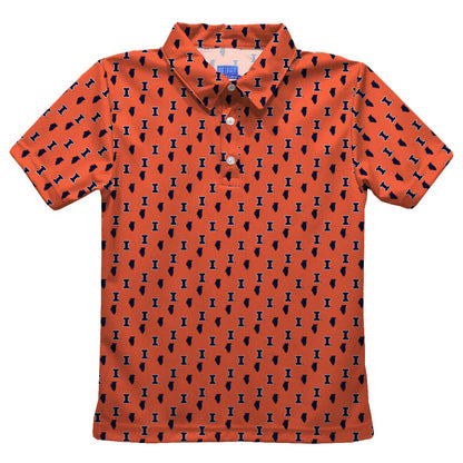 Illinois Fighting Illini All Over Logo Orange Short Sleeve Polo Shirt