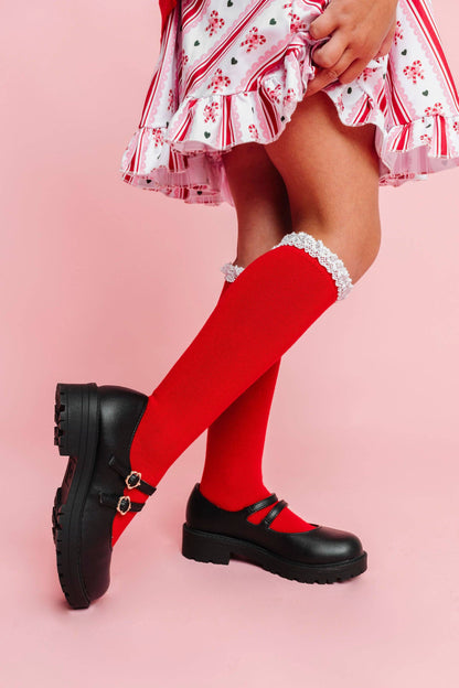 Santa Baby Lace Top Knee High Socks - Red/white