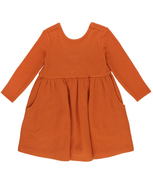 Waffle Knit Long Sleeve Twirl Dress - Rust