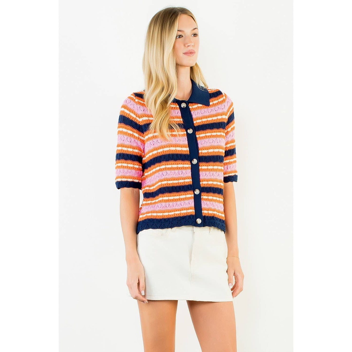 Short Sleeve Striped Knit Cardigan