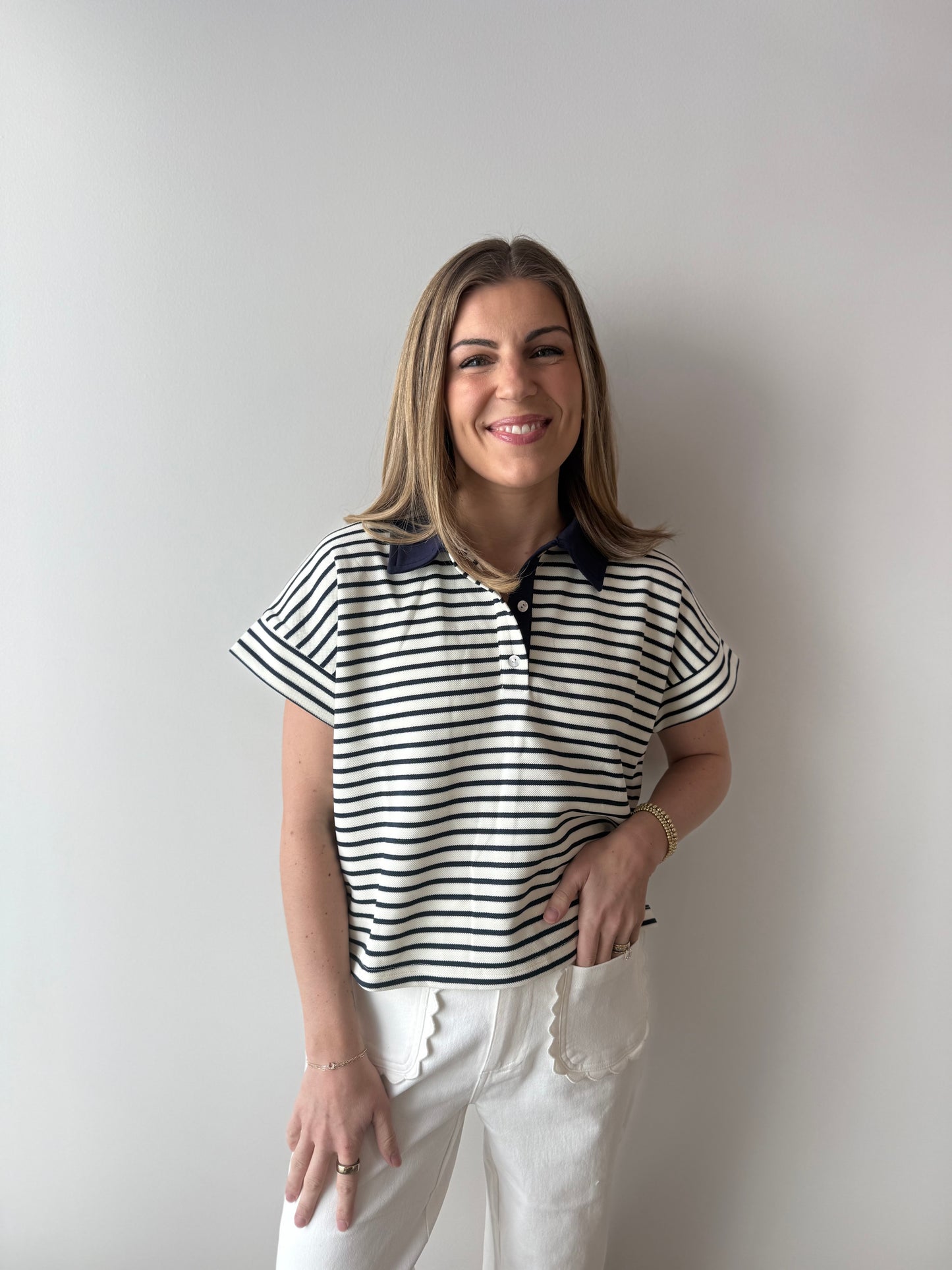 Short Sleeve Knit Top - Navy Stripe