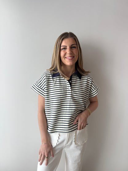 Short Sleeve Knit Top - Navy Stripe