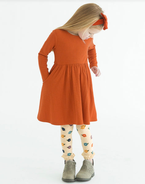 Waffle Knit Long Sleeve Twirl Dress - Rust