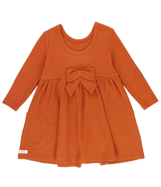 Waffle Knit Long Sleeve Twirl Dress - Rust