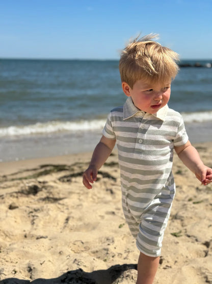 Saltash Polo Romper - Grey/White Stripe