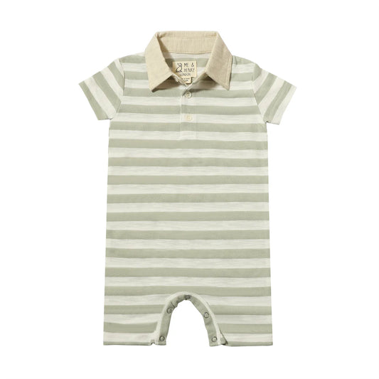 Saltash Polo Romper - Grey/White Stripe