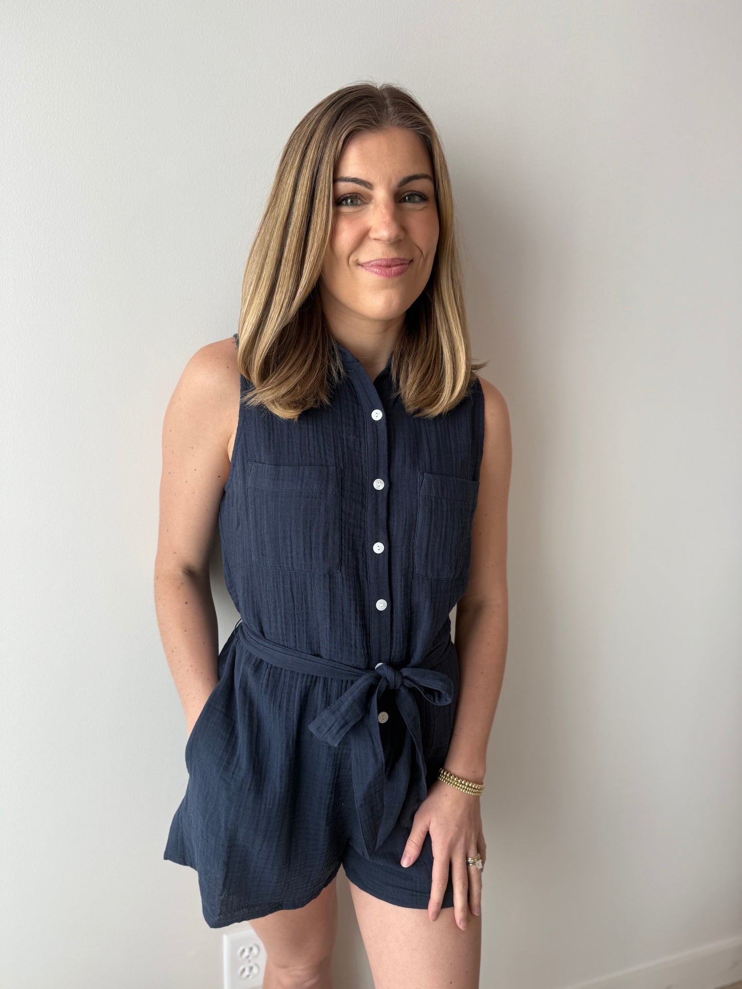 New Light Airy Gauze Romper - Navy