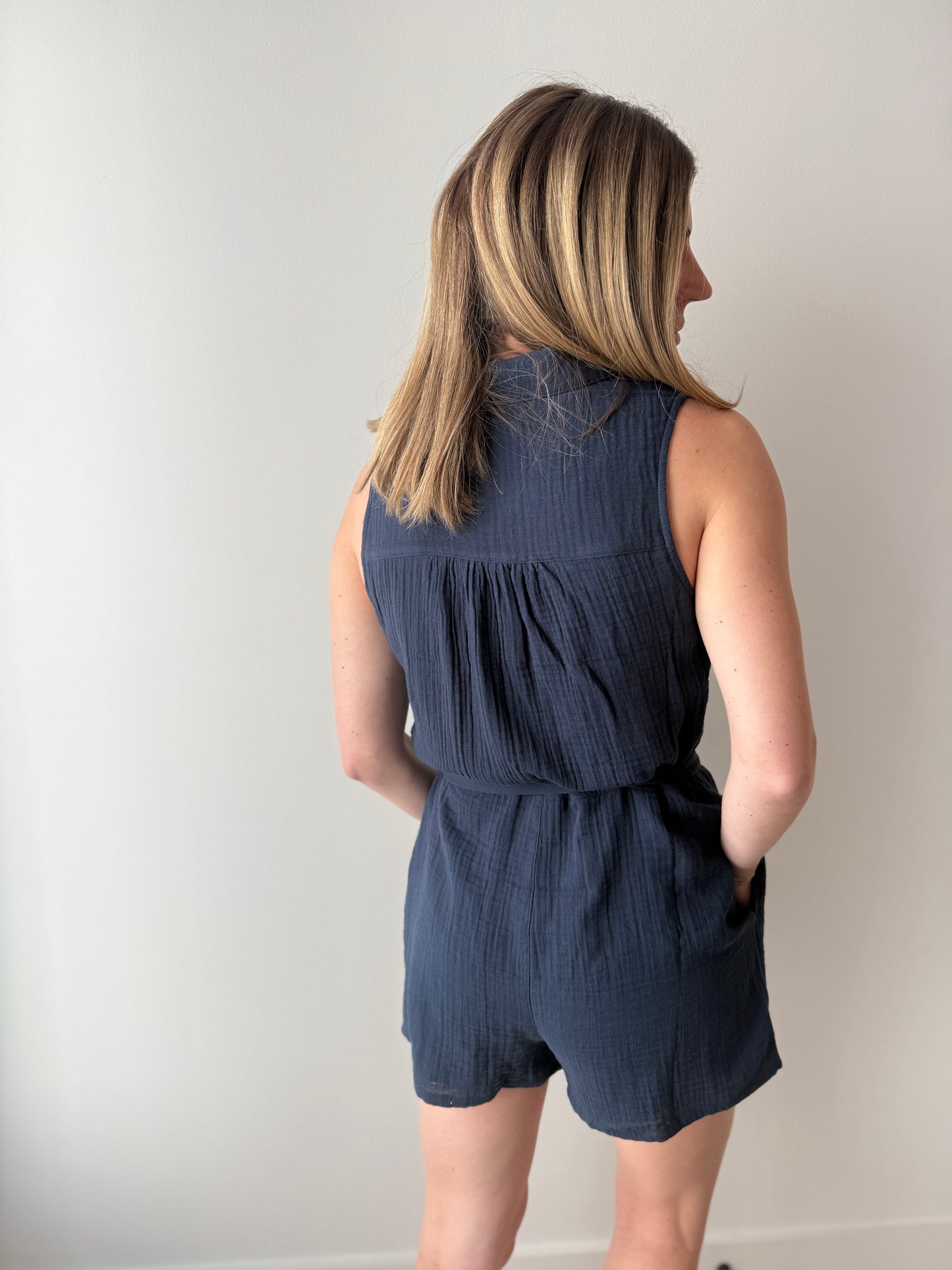 New Light Airy Gauze Romper - Navy