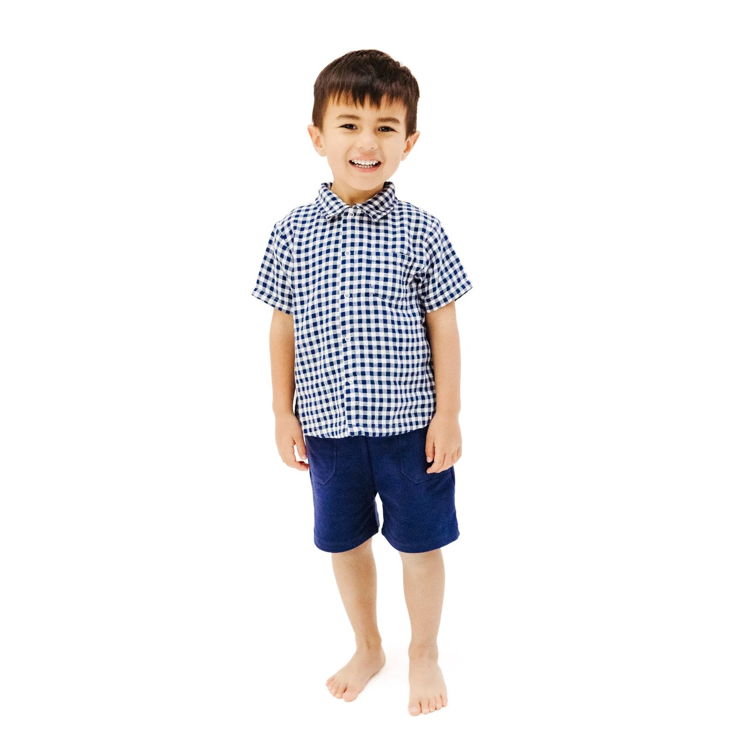 Button Down Muslin Polo + French Terry Short - Navy Gingham