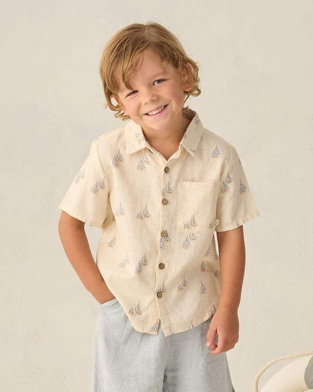 Collar Shirt Short Sleeve Shirt - Sail Boats
