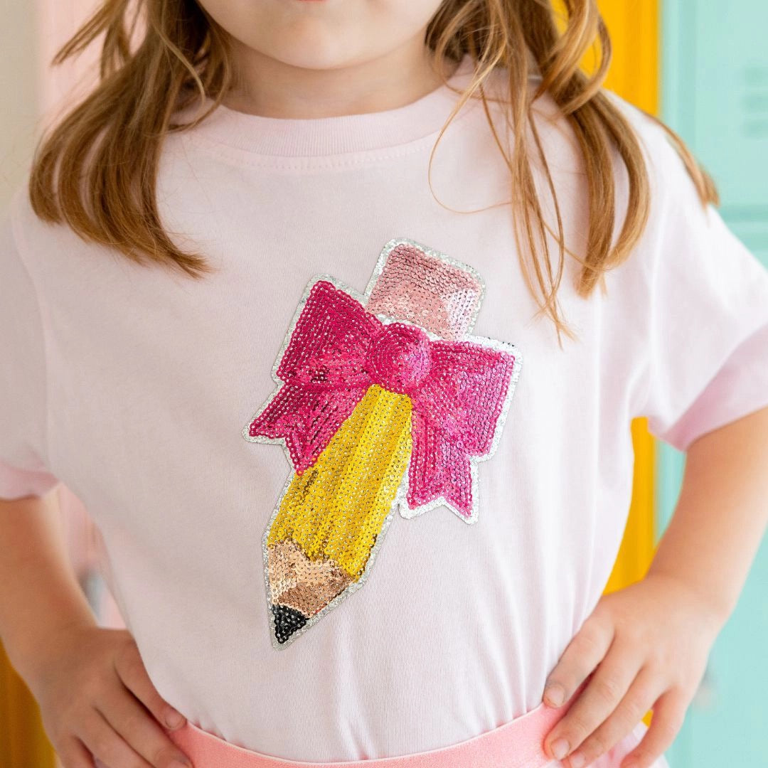 Pencil Bow Sequin Patch Short Sleeve T-Shirt