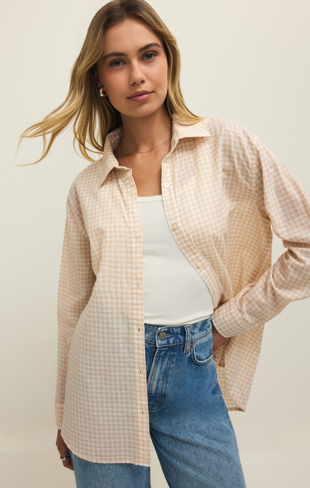 Seaport Button Up Top - Parchment Gingham