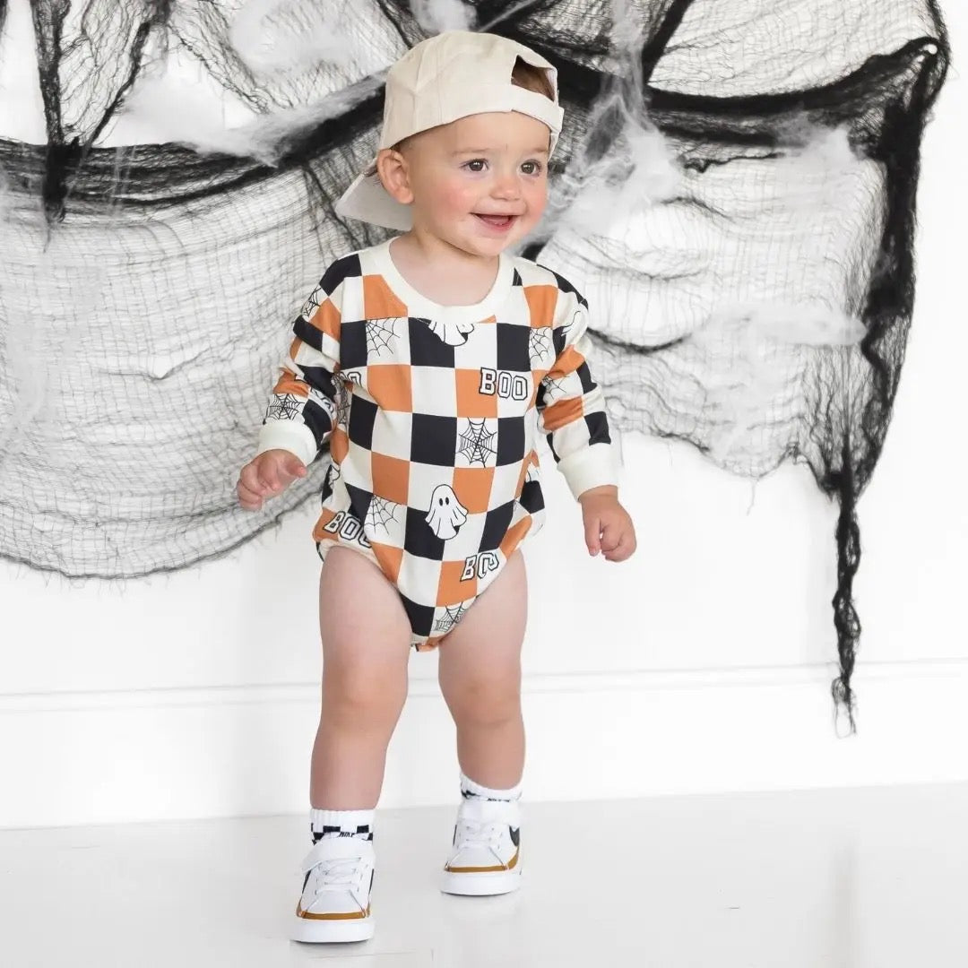 Boo Checkered Halloween Romper