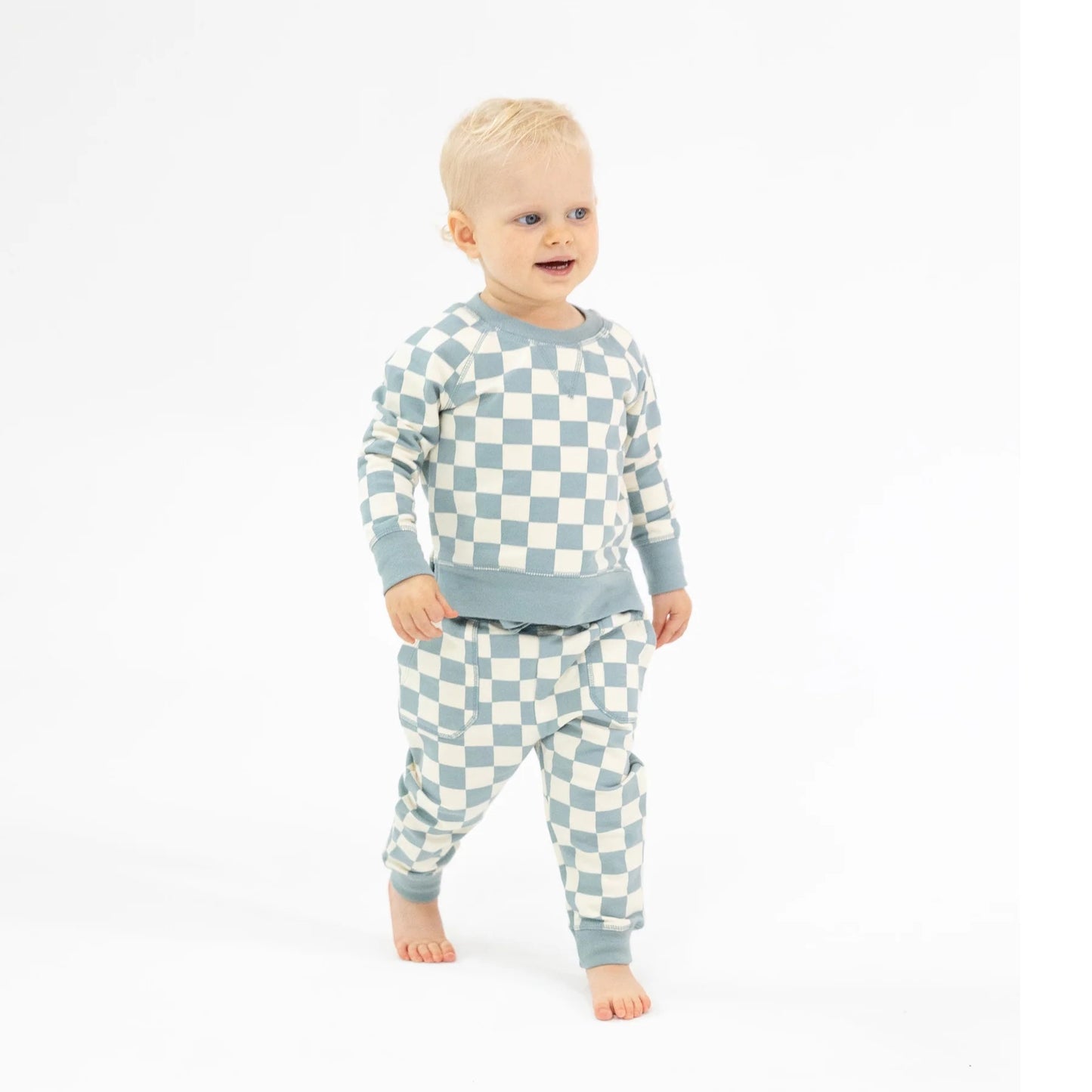 French Terry Checkerboard Gray Mist - Raglan Sweatshirt And Jogger Set