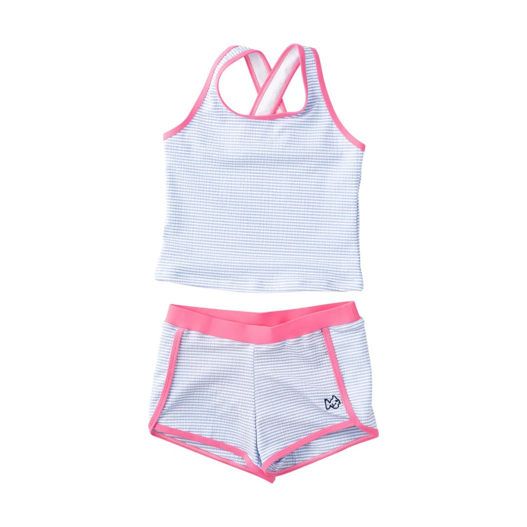 Girls Seaside Tankini Set - Blue Seersucker