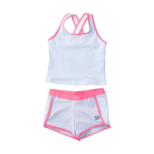 Girls Seaside Tankini Set - Blue Seersucker