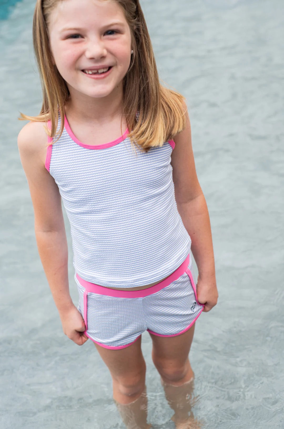 Girls Seaside Tankini Set - Blue Seersucker