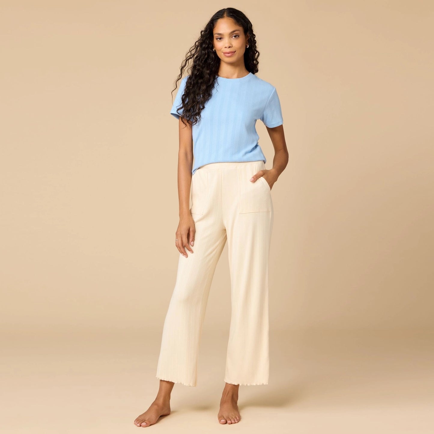 Pointelle Cropped Pant with Lettuce Edge - Warm Sand