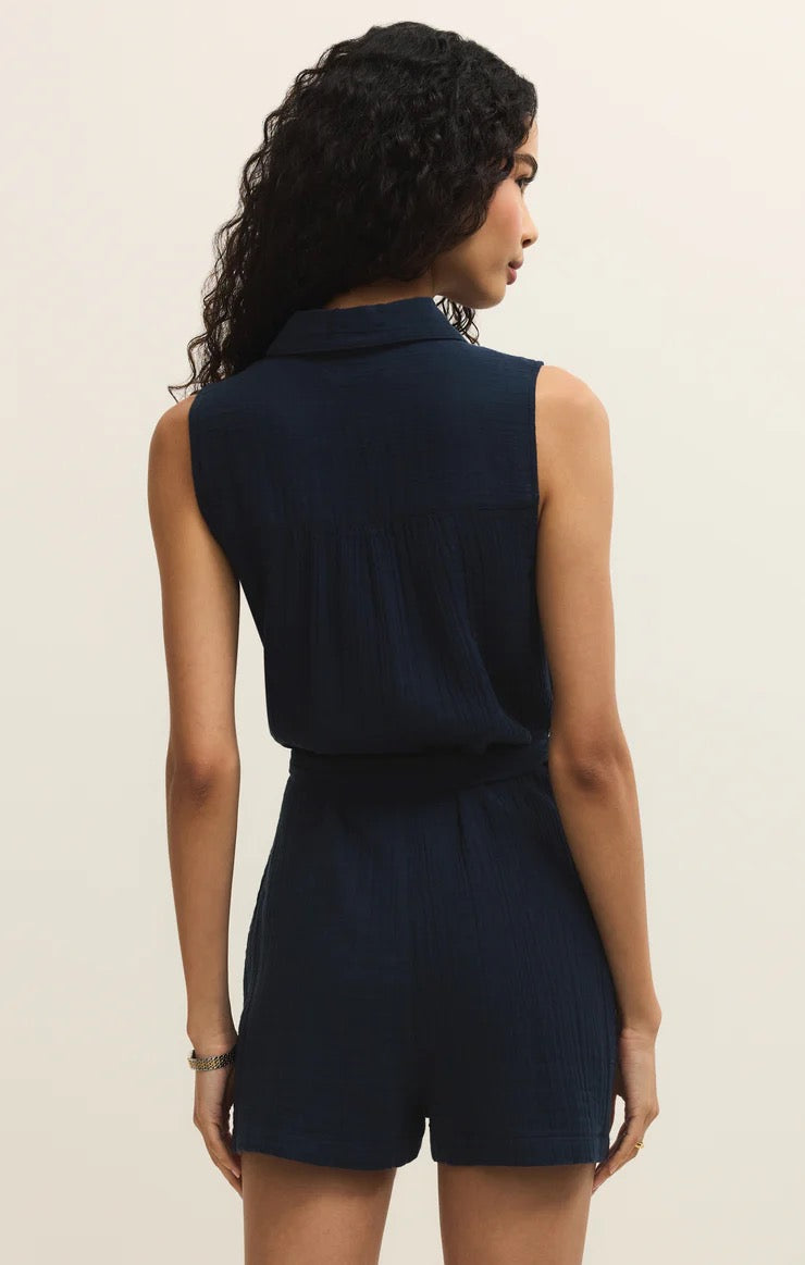 New Light Airy Gauze Romper - Navy