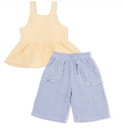 Peplum Tank and Wide Leg Pant Set- Micro Blue Gingham
