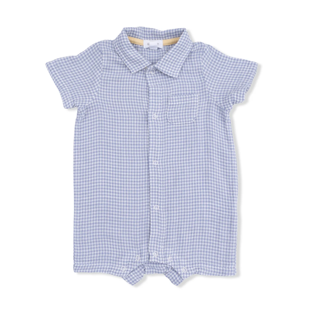 Polo Shortie Romper - Micro Blue Gingham
