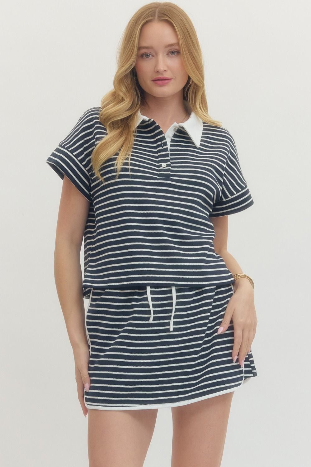 Short Sleeve Knit Top - Navy Stripe