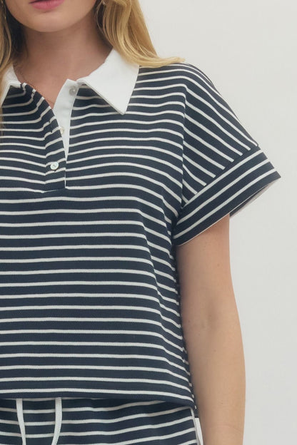 Short Sleeve Knit Top - Navy Stripe